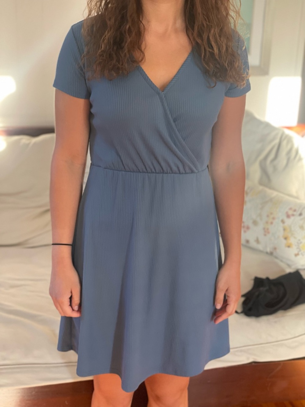 Olivia Rae Short-Sleeve Wrap Dress in Slate Blue